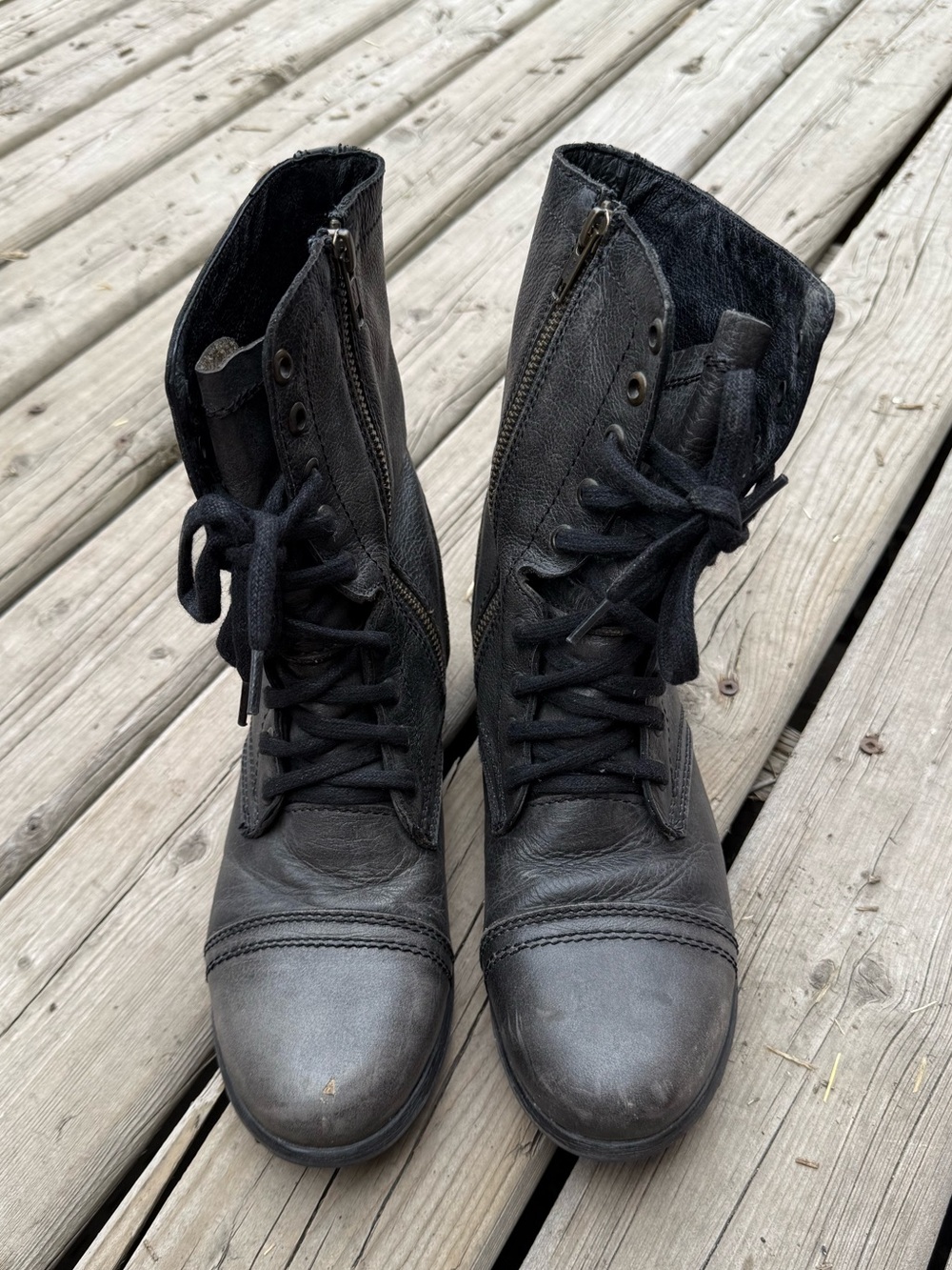 Steve Madden Black Lace-Up Combat Boots with Side Zipper